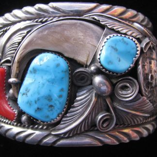Mike Thomas Jr. Navajo Sleeping Beauty Turquoise and Bear Claw Sterling Silver Bracelet