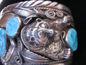 Mike Thomas Jr. Navajo Sleeping Beauty Turquoise and Bear Claw Sterling Silver Bracelet