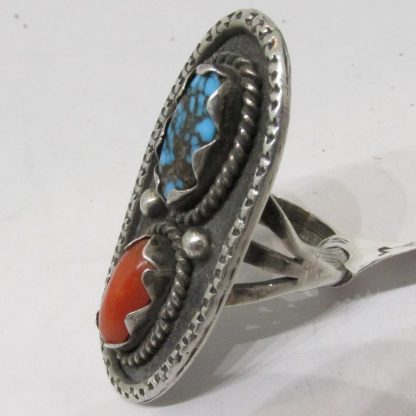 High Grade Turquoise and Coral Sterling Silver Ring