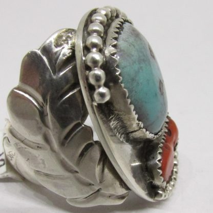 Navajo Smoky Bisbee Turquoise and Coral Ring