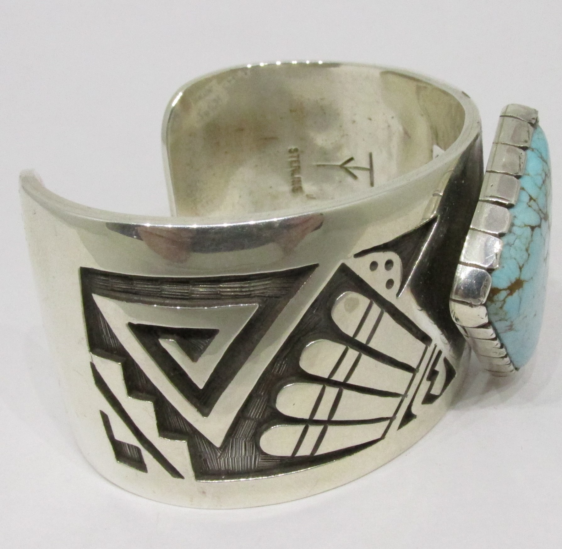 Details about   Tim Yazzie Hand Stamped Sterling Silver And Turquoise Navajo Bangle Bracelet 