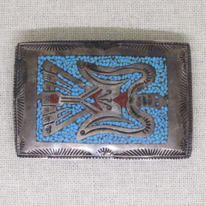 Tommy Singer Navajo Turquoise and Coral Chip Inlay Belt Buckle