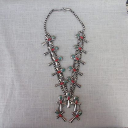 Ankh Turquoise and Coral Squash Blossom Necklace signed MT