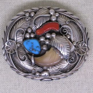 Sarah Chee Navajo Sterling Silver and Coral and Turquoise and Claw Belt Buckle