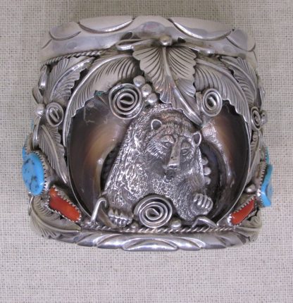 Mike Thomas Jr. Navajo Sterling Silver, Coral, and Turquoise Bear Claw Cuff