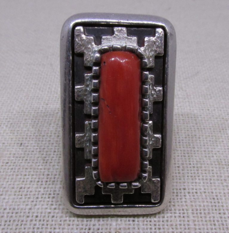 Toney Mitchell Navajo Coral and Sterling Silver Ring