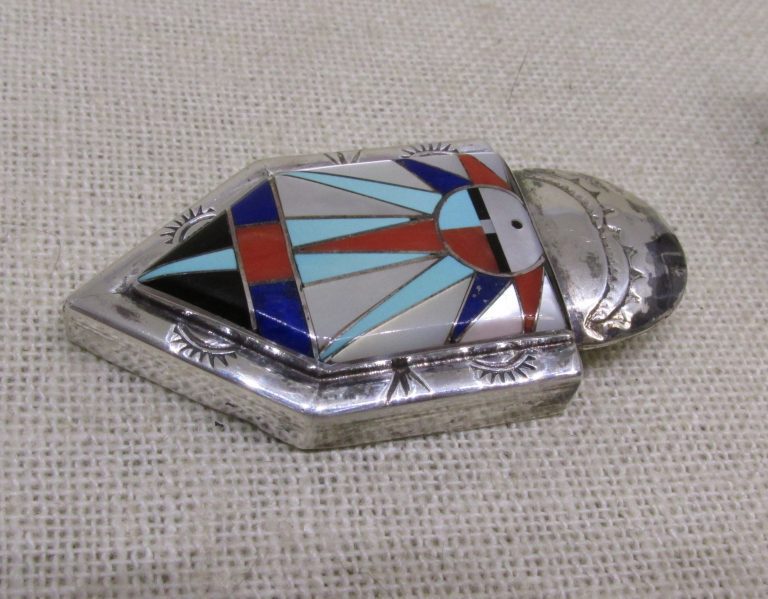 Sanford and Diane Cooche Zuni New Mexico Sterling Silver and Stone Inlay Belt Buckle