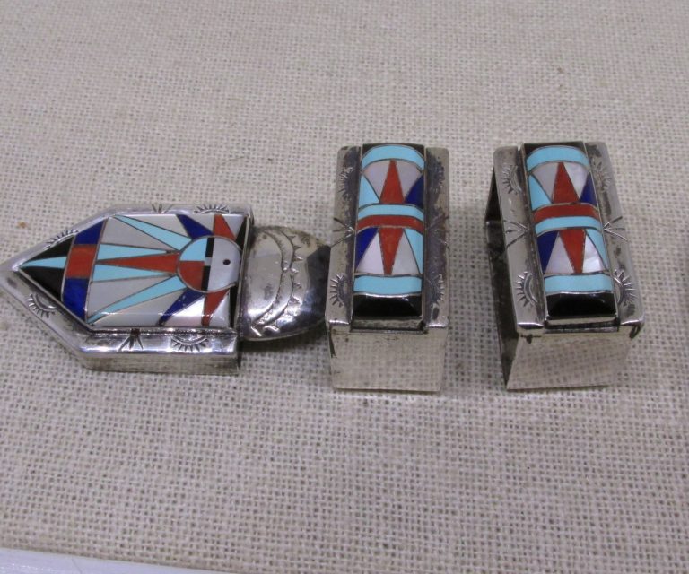 Sanford and Diane Cooche Zuni New Mexico Sterling Silver and Stone Inlay Ranger Set