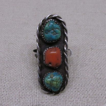 Turquoise and Coral Sterling Silver Ring signed JMD