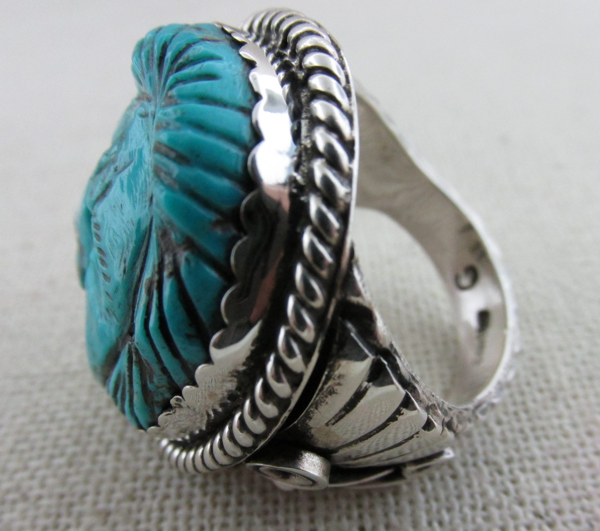 Francisco Gomez Spanish Carved Turquoise of Native American Indian and Sterling Silver Ring