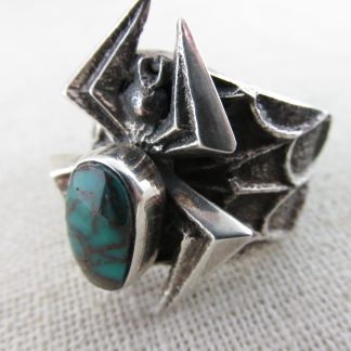 Kevin Yazzie Navajo Tufa Cast Sterling Silver and Turquoise Spider Ring