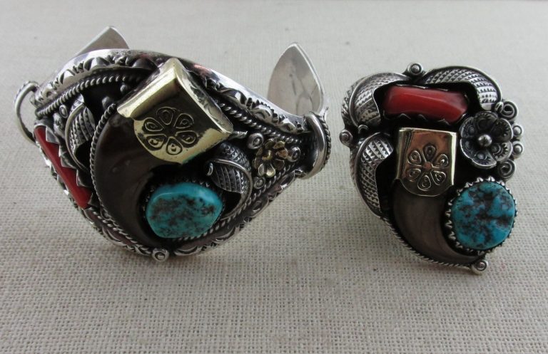 Navajo Sterling Silver, Turquoise, Claw & Coral Bracelet and Ring Set