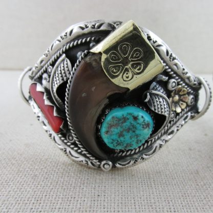Navajo Sterling Silver, Turquoise, Claw & Coral Bracelet