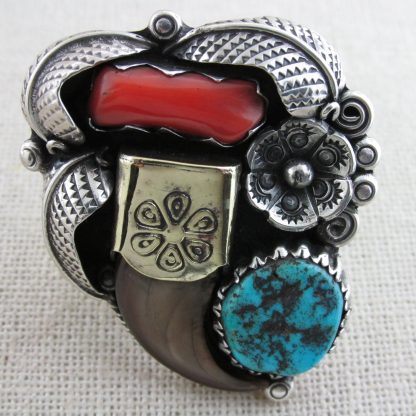 Navajo Sterling Silver, Turquoise, Claw & Coral Ring