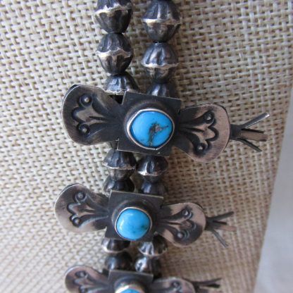 Marcella James Navajo Sterling Silver and Turquoise Box Bow Squash Blossom Necklace