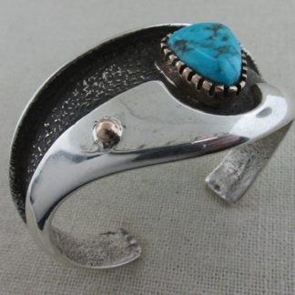 Edison Cummings Navajo Morenci Turquoise and 14kt. Gold Sterling Silver Tufa Cast Bracelet