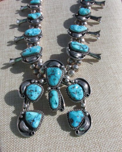 Ramone Platero Navajo Sterling Silver and Turquoise Squash Blossom Necklace