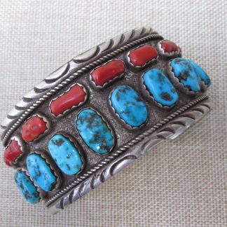 DF Hallmark Navajo turquoise and coral sterling silver bracelet