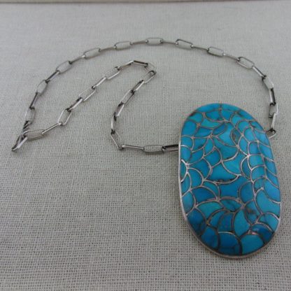 Zuni Turquoise and Sterling Silver Fish Scale Pendant with Navajo Handmade Chain