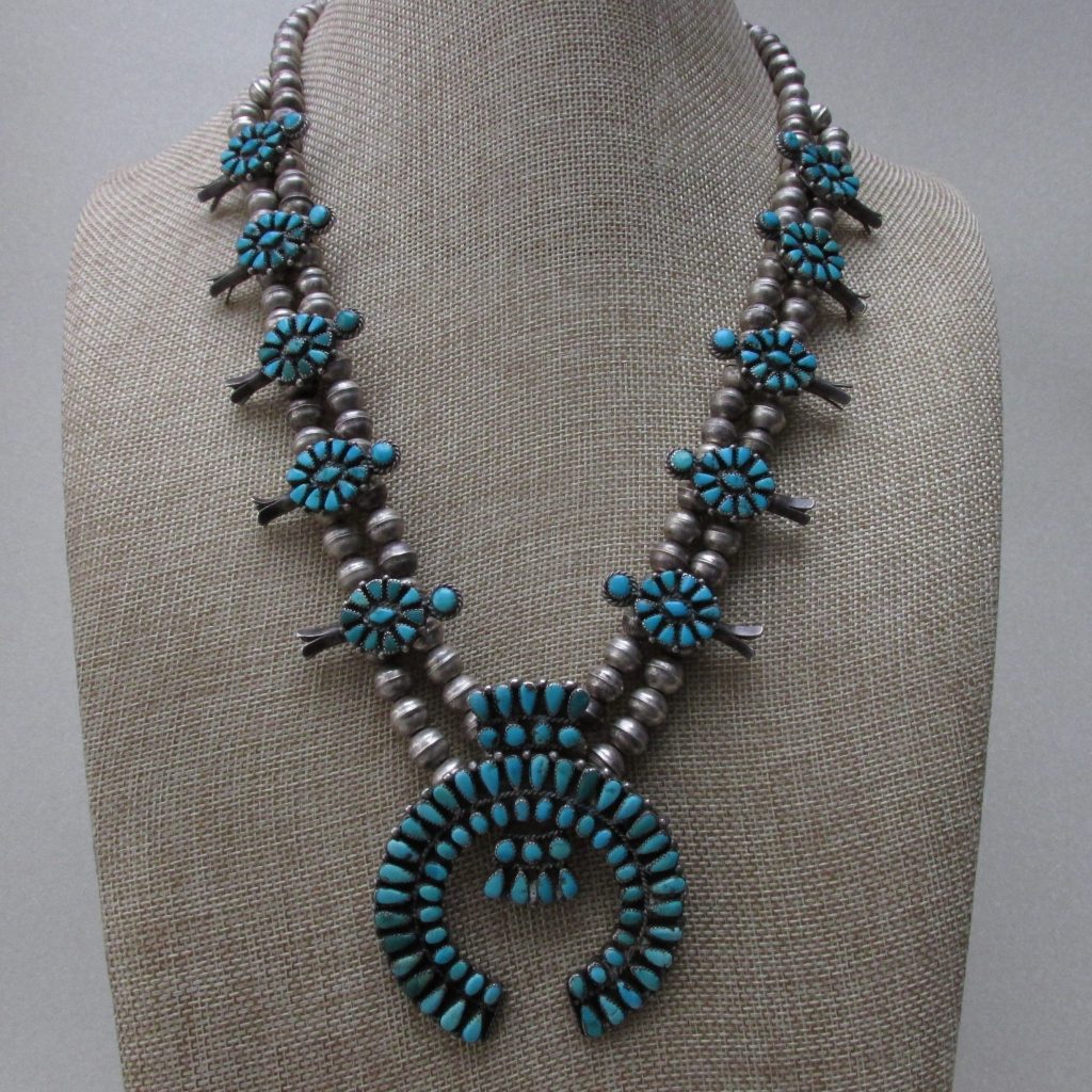 Zuni Petit Point Turquoise and Silver Squash Blossom Necklace | TUCSON ...