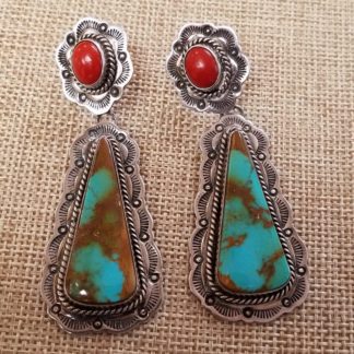 Aaron Toadlena Navajo Sterling Silver, Turquoise and Coral Navajo Earrings