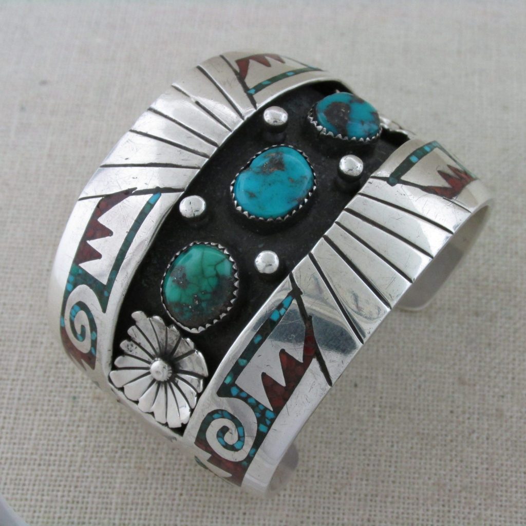 GIBSON GENE Navajo Chip Inlay and Cabochon Cuff Bracelet