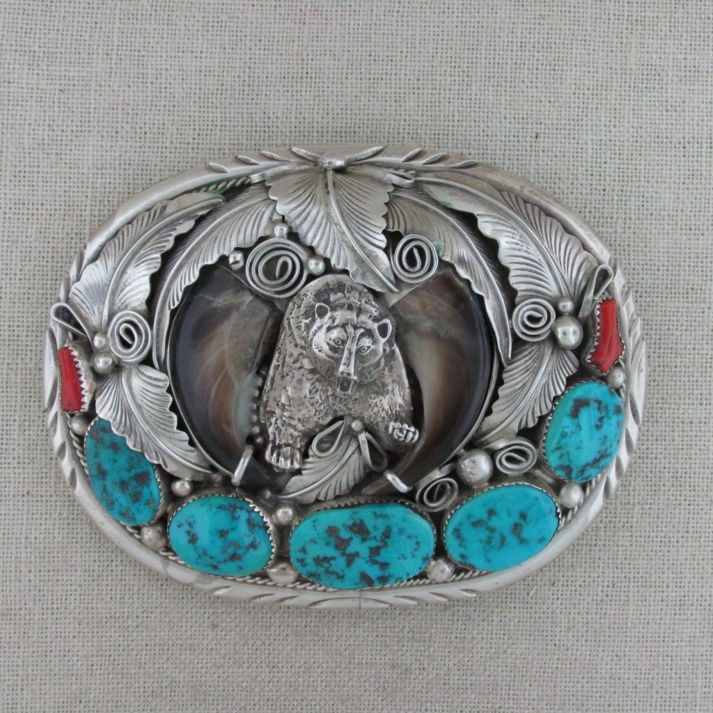 M. Thomas Jr. Sterling, Turquoise, and Coral Bear Belt Buckle