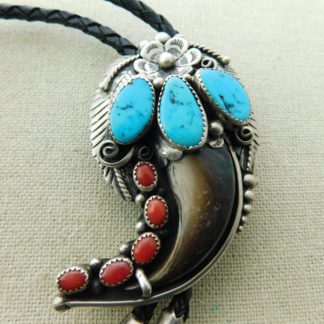 DOUGLAS BEGAY or DEAN BROWN Navajo Bear Claw, Turquoise, and Coral Sterling Silver Bolo Tie