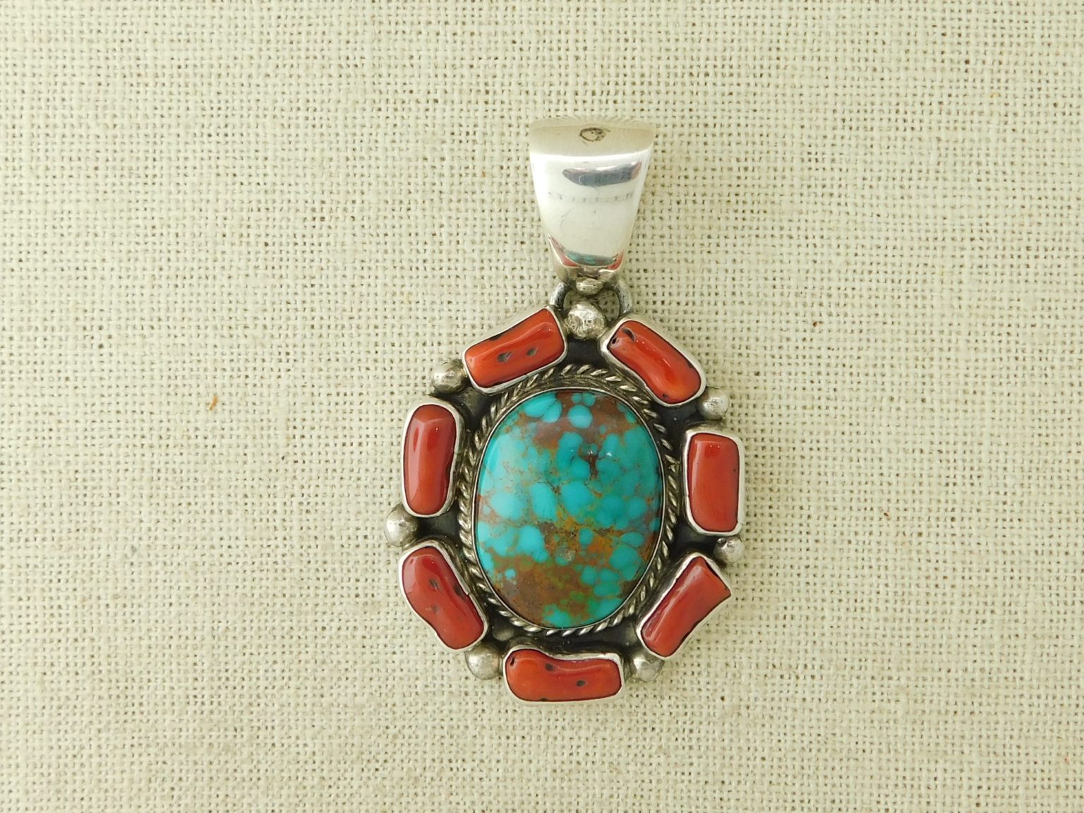 Marie Bahe Navajo Turquoise and Coral Sterling Silver Pendant