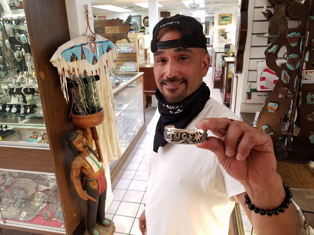 Adam Ramirez Silversmith with Tucson A Mountain Bracelet