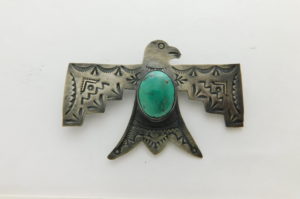 DEAN SANDOVAL Navajo Modern Sterling Silver and Turquoise Thunderbird Pin