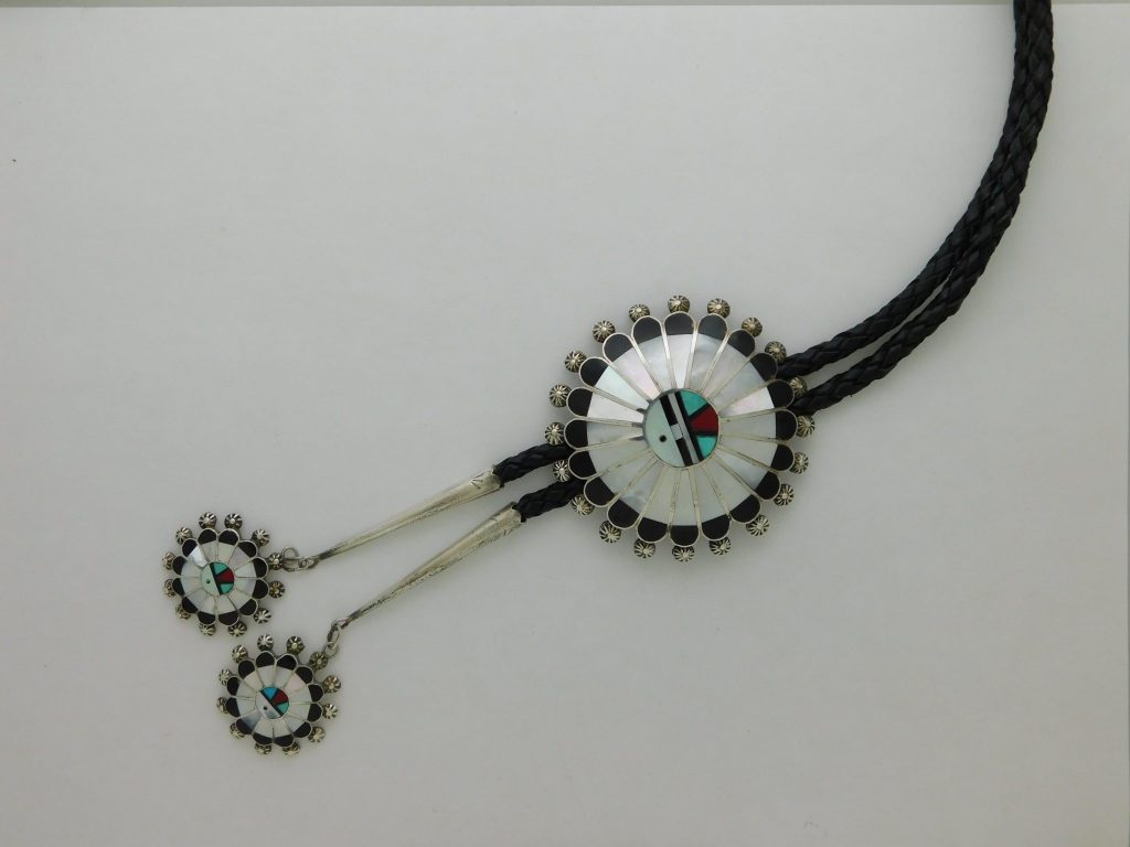 ABEL SOSEEAH Zuni Sterling Silver Inlay Sunface Bolo Tie