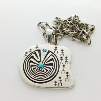 James Fendenheim Tohono O'odham Sterling Silver and Sleeping Beauty Turquoise "Man in the Maze" with Navajo Handmade Chain