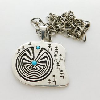 James Fendenheim Tohono O'odham Sterling Silver and Sleeping Beauty Turquoise "Man in the Maze" with Navajo Handmade Chain
