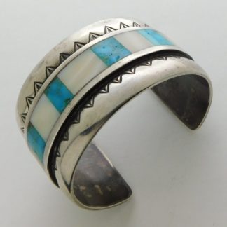 Del Fred Masawytewa Hopi Stone Inlay Sterling Silver Bracelet