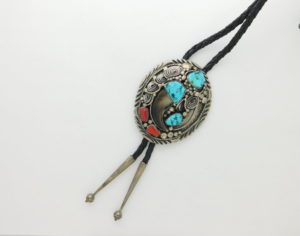 Jackie Singer Navajo Bear Claw, Turquoise, and Coral Sterling Silver Bolo Tie