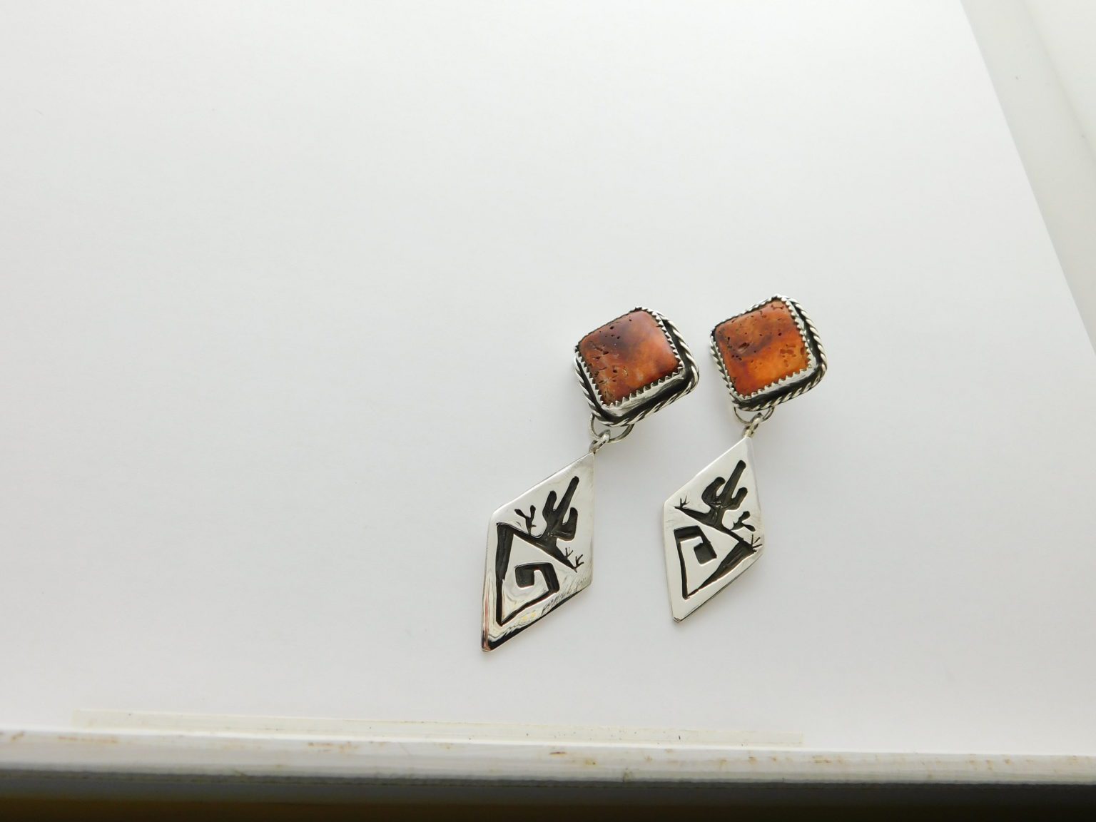 QUINTON ANTONE Tohono O’odham Square Orange Spiny Oyster and Sterling Silver Earrings