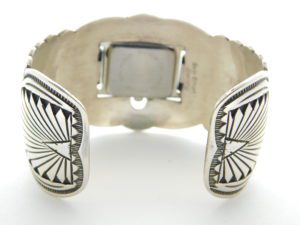 Rear view of REW DINEH Navajo Sterling Silver and Sleeping Beauty Turquoise Watch Cuff