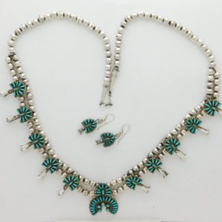 M. PEMIVA Zuni Needle Point Turquoise and Sterling Silver Squash Blossom Necklace + Earrings