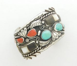 TKB Navajo Turquoise, Coral, Ironwood, and Mother of Pearl Cuff
