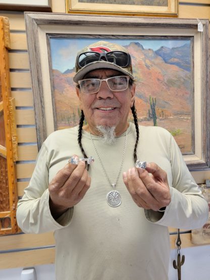 James Fendenheim Tohono O'odham with ring and bracelet at Tucson Indian Jewelry