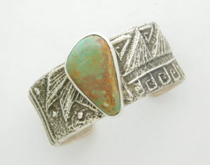 STEWART BILLIE Navajo Sterling Silver Tufa Cast and Turquoise Cuff