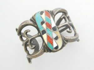 NAVAJO Sandcast Sterling Silver bracelet with stone inlay