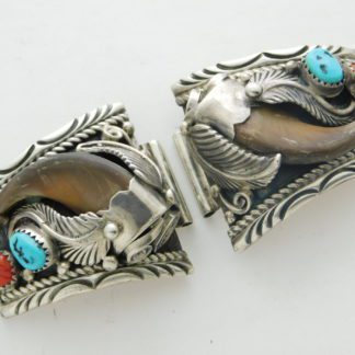 Mark Yazzie Navajo Sterling Silver, Bear Claw, Turquoise and Coral Watch Tips