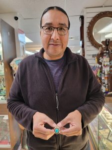 Quinton Antone Tohono O'odham Silversmith with 3 Rosette Desert Landscape Turquoise Sterling Silver Ring