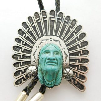 Carved Turquoise Indian Head Sterling Silver Bolo Tie