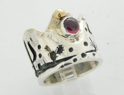 James Fendenheim Tohono O'odham Sterling Silver, Synthetic Ruby, and 14 kt. Gold Desert Landscape Ring