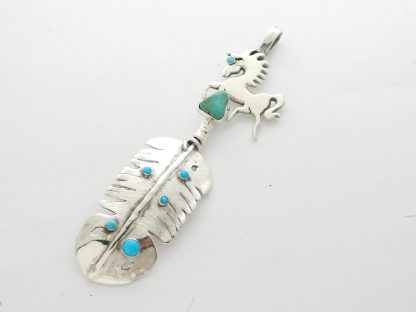 James Fendenheim Tohono O'odham Sterling Silver and Turquoise Horse and Feather Pendant