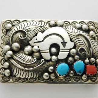 Sarah Chee Navajo Sterling Silver, Turquoise and Coral Belt Buckle