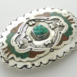 B. James HMIJ (Hand Made Indian Jewelry) Sterling Silver and Chip Inlay Belt Buckle